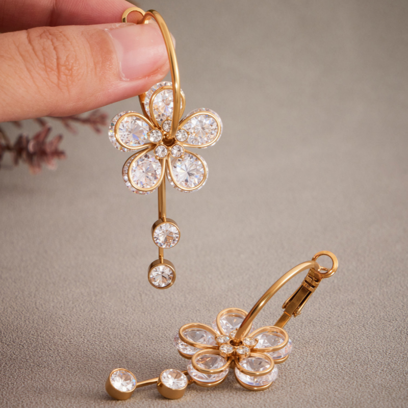14K Gold-Plated Zircon Diamond Flower Earrings