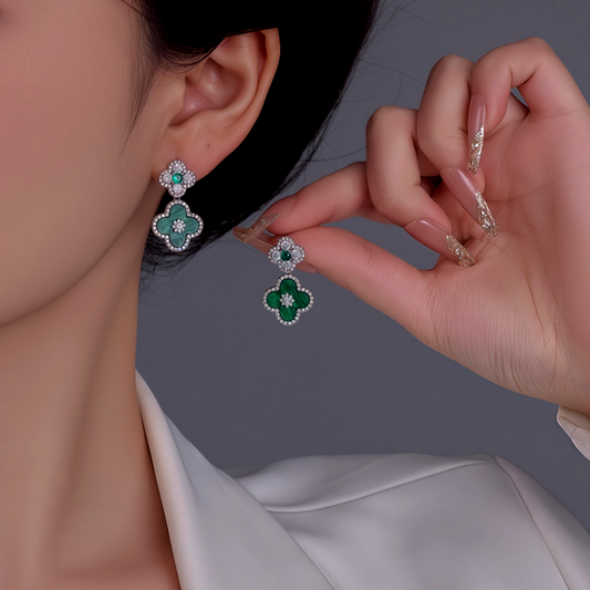 14K Gold-Plated Zircon Diamond Four-Leaf Flower Earrings