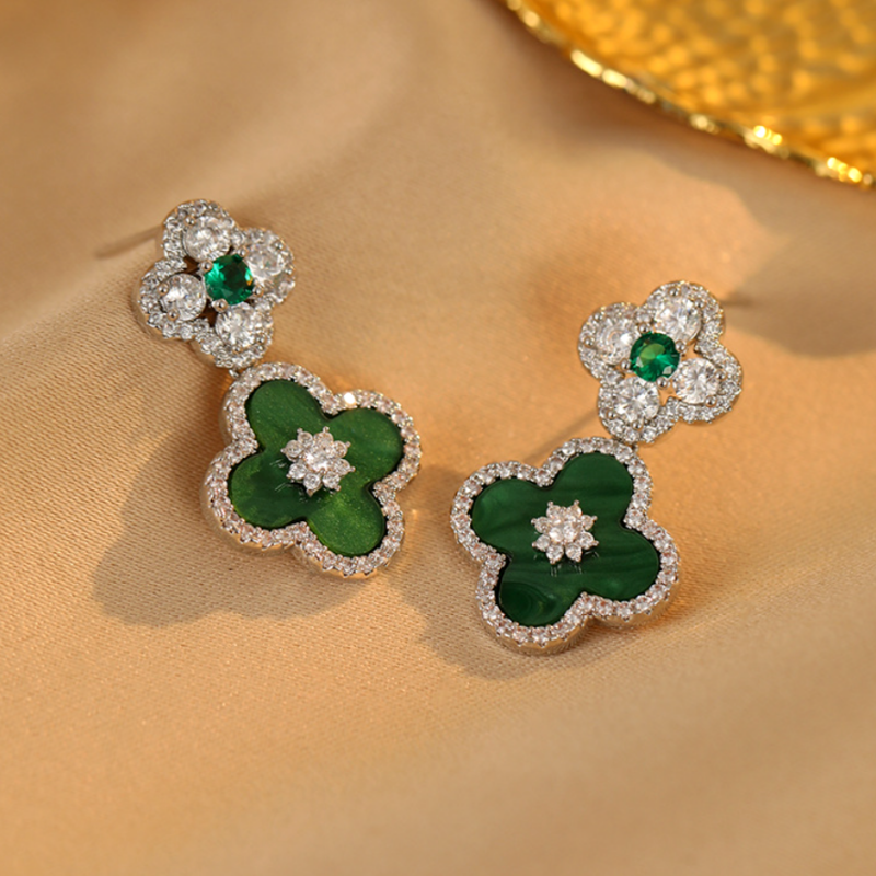 14K Gold-Plated Zircon Diamond Four-Leaf Flower Earrings
