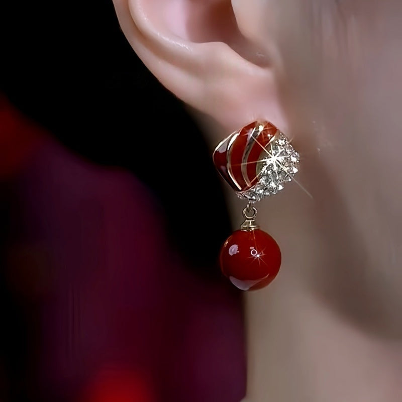 14K Gold-Plated Zircon Diamond Geometric Red Pearl Earrings