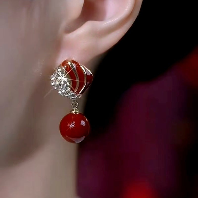 14K Gold-Plated Zircon Diamond Geometric Red Pearl Earrings