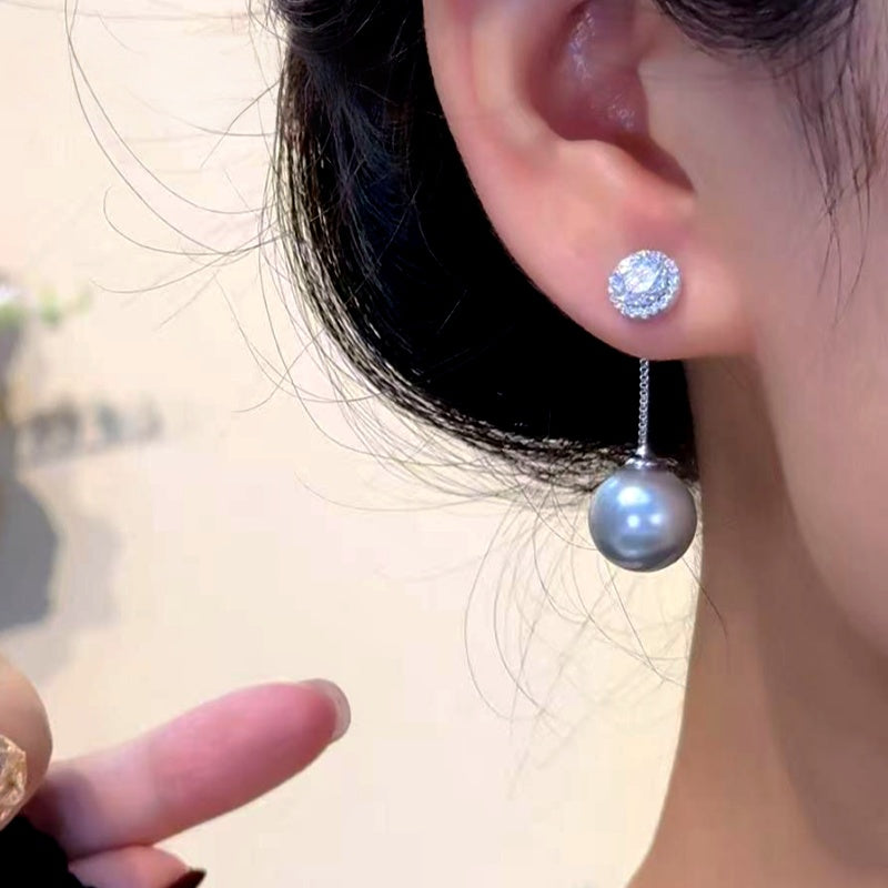 14K Gold-Plated Zircon Diamond Gray Pearl Earrings