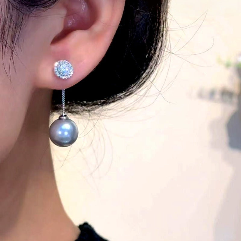 14K Gold-Plated Zircon Diamond Gray Pearl Earrings