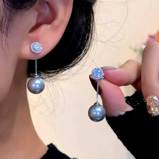 14K Gold-Plated Zircon Diamond Gray Pearl Earrings