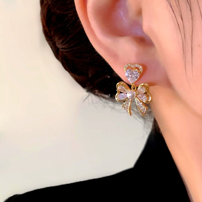 14K Gold-Plated Zircon Diamond Heart Bow Earrings