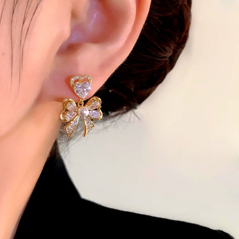 14K Gold-Plated Zircon Diamond Heart Bow Earrings