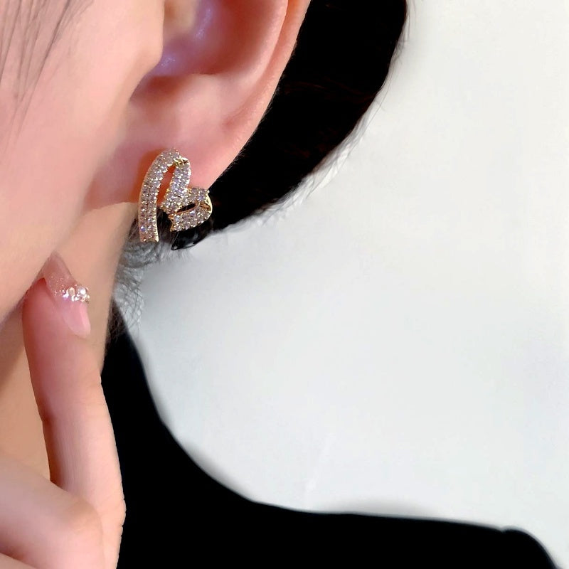 14K Gold-Plated Zircon Diamond Heart Stud Earrings