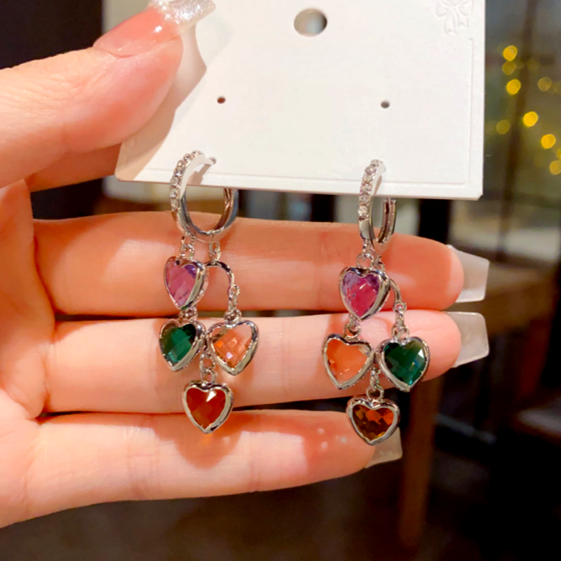 14K Gold-Plated Zircon Diamond Heart Tassel Earrings