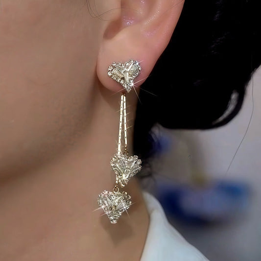 14K Gold-Plated Zircon Diamond Heart Tassel Earrings