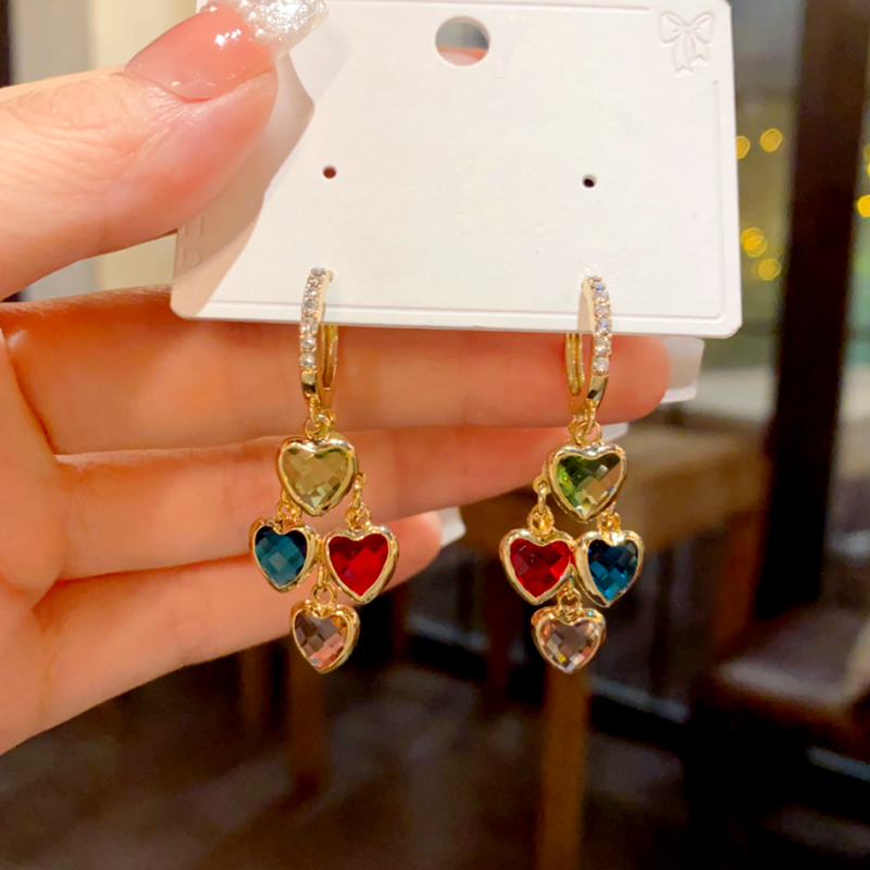 14K Gold-Plated Zircon Diamond Heart Tassel Earrings