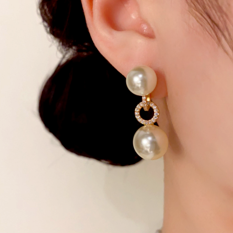 14K Gold-Plated Zircon Diamond Pearl Earrings