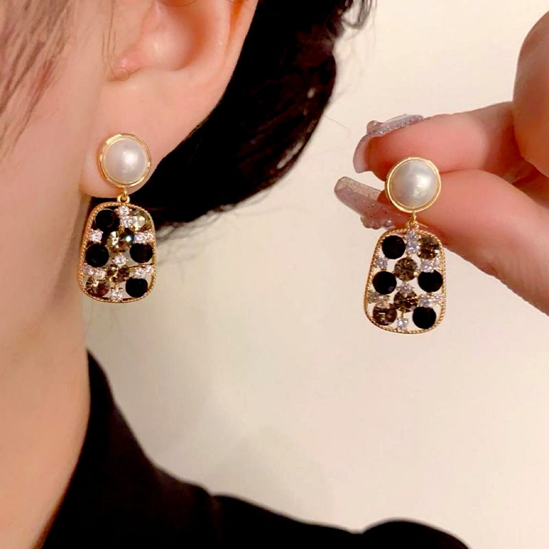 14K Gold-Plated Zircon Diamond Pearl Earrings