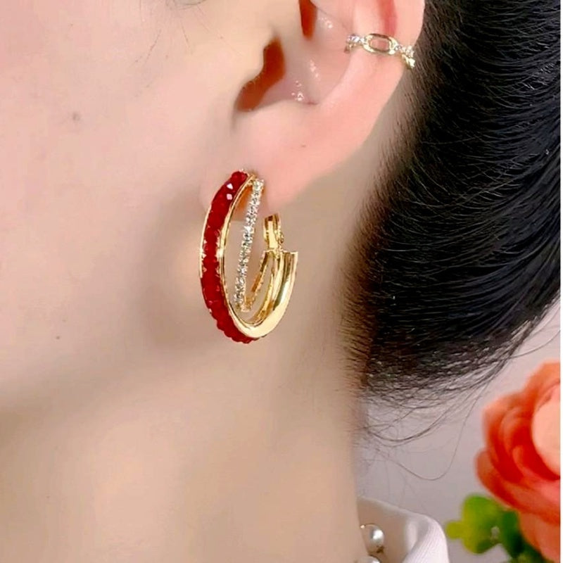 14K Gold-Plated Zircon Diamond Red crystal Hoop Earrings