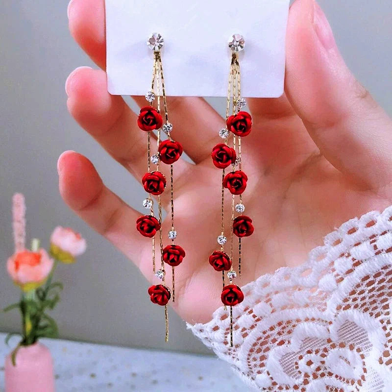 14K Gold-Plated Zircon Diamond Rose Tassel Earrings