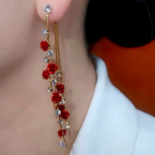 14K Gold-Plated Zircon Diamond Rose Tassel Earrings