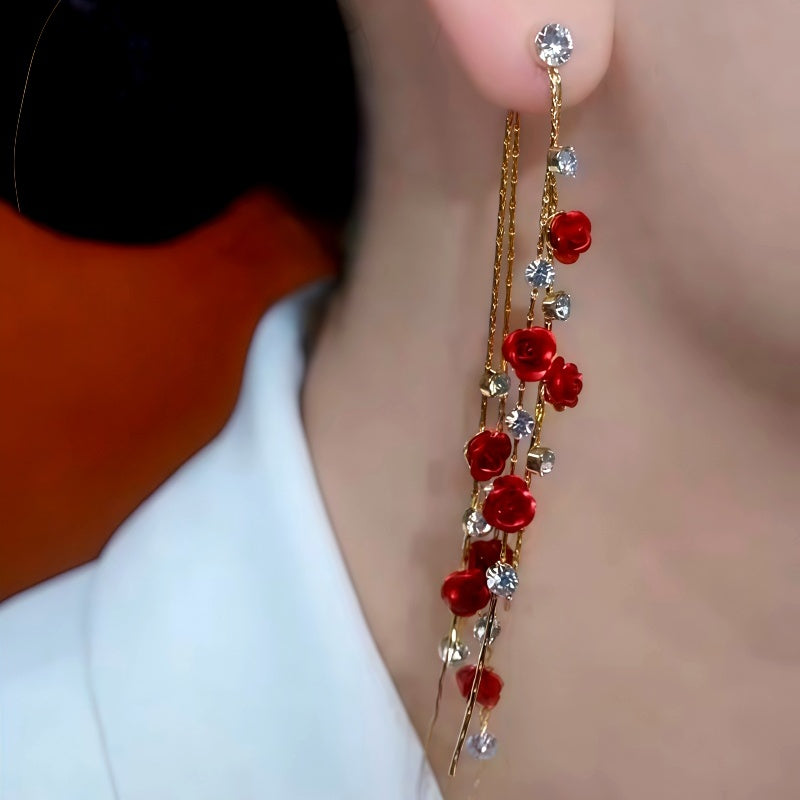 14K Gold-Plated Zircon Diamond Rose Tassel Earrings
