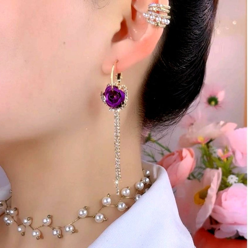 14K Gold-Plated Zircon Diamond Rose Tassel Earrings