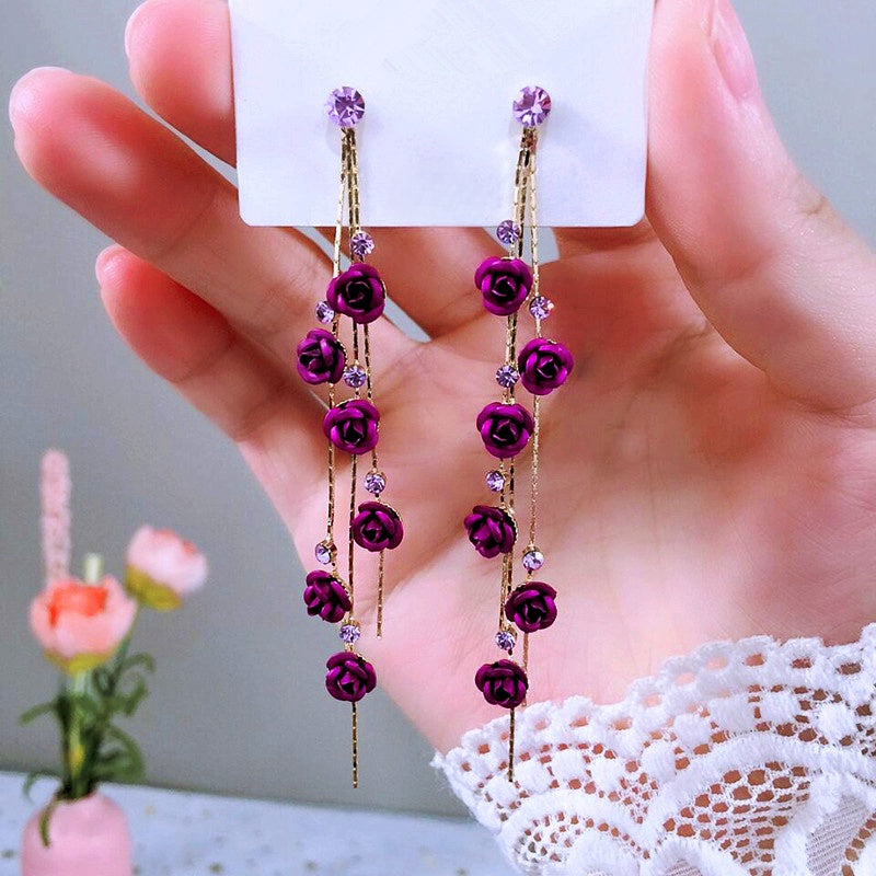 14K Gold-Plated Zircon Diamond Rose Tassel Earrings