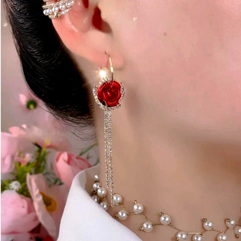 14K Gold-Plated Zircon Diamond Rose Tassel Earrings