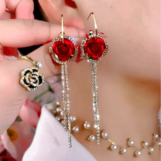 14K Gold-Plated Zircon Diamond Rose Tassel Earrings