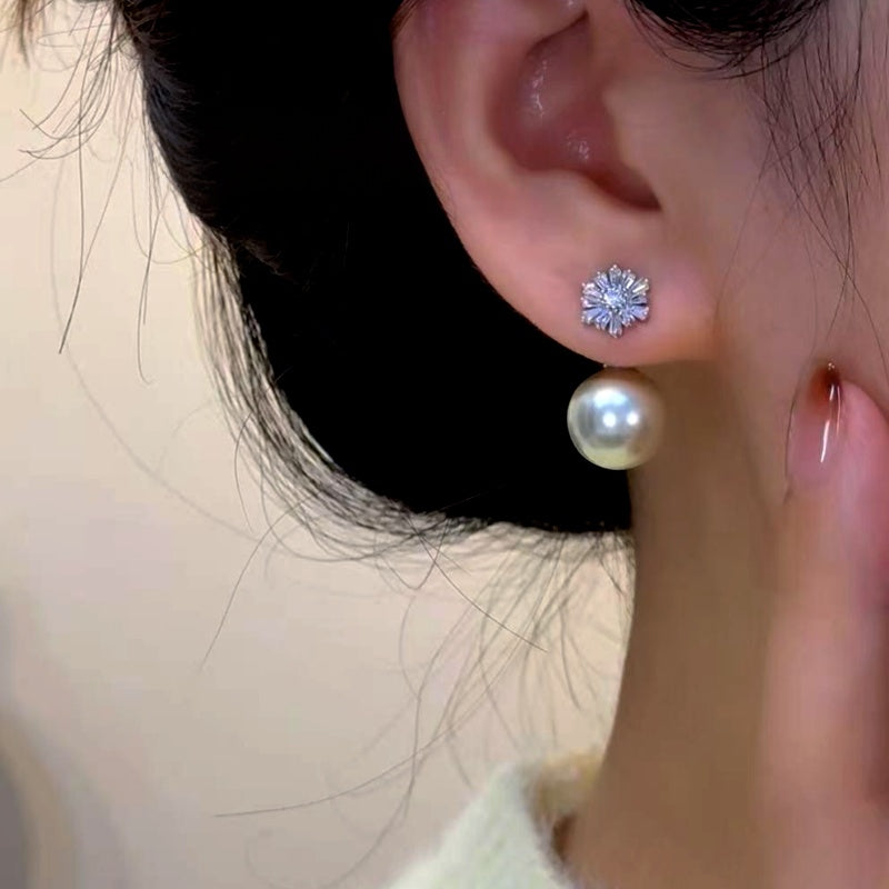 14K Gold-Plated Zircon Diamond Snowflake Pearl Earrings