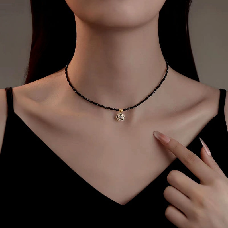 Black Crystal Camellia Pendant Necklace