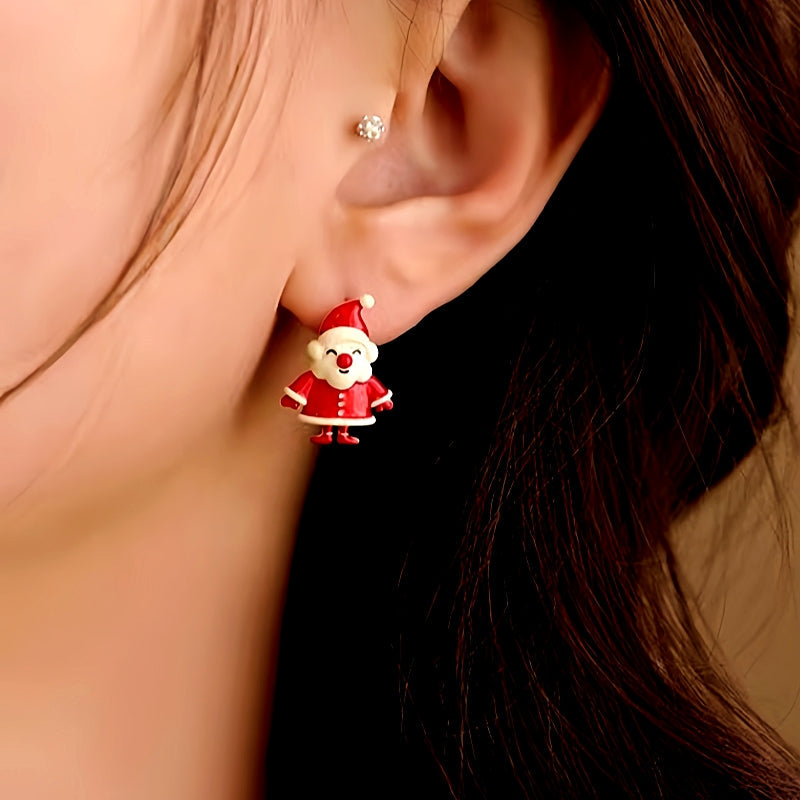 Silver Post Christmas Asymmetrical Santa Claus Bell Earrings