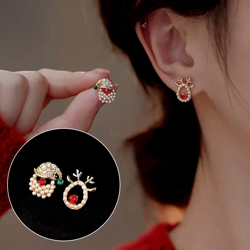 Silver Post Christmas Crystal Santa Claus Elk Earrings