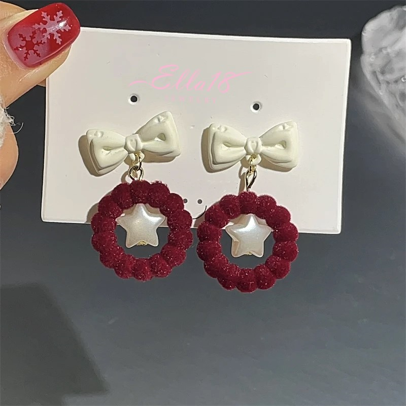 Silver Post Christmas Star Bell Wine Red Flocking Earrings