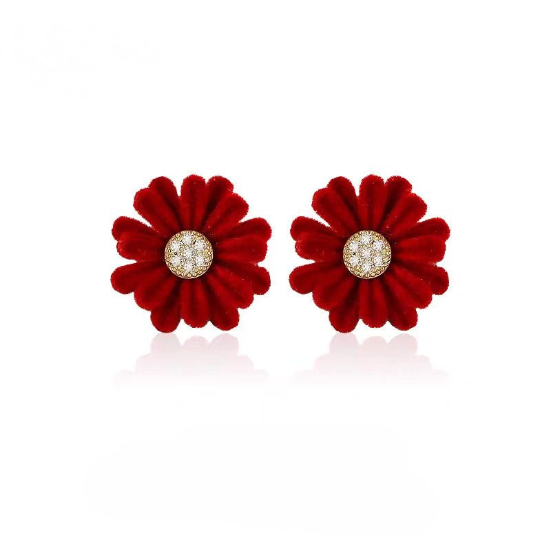 Silver Post Zircon Diamond Red Daisy Flower Stud Earrings