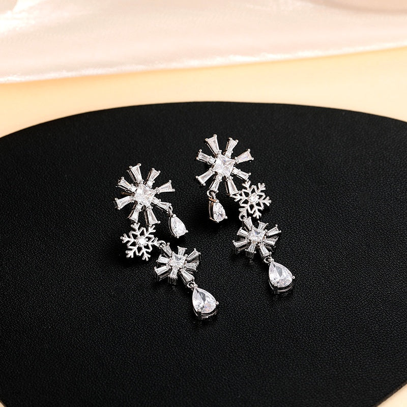 Sterling Silver Christmas Diamond Snowflake Earrings