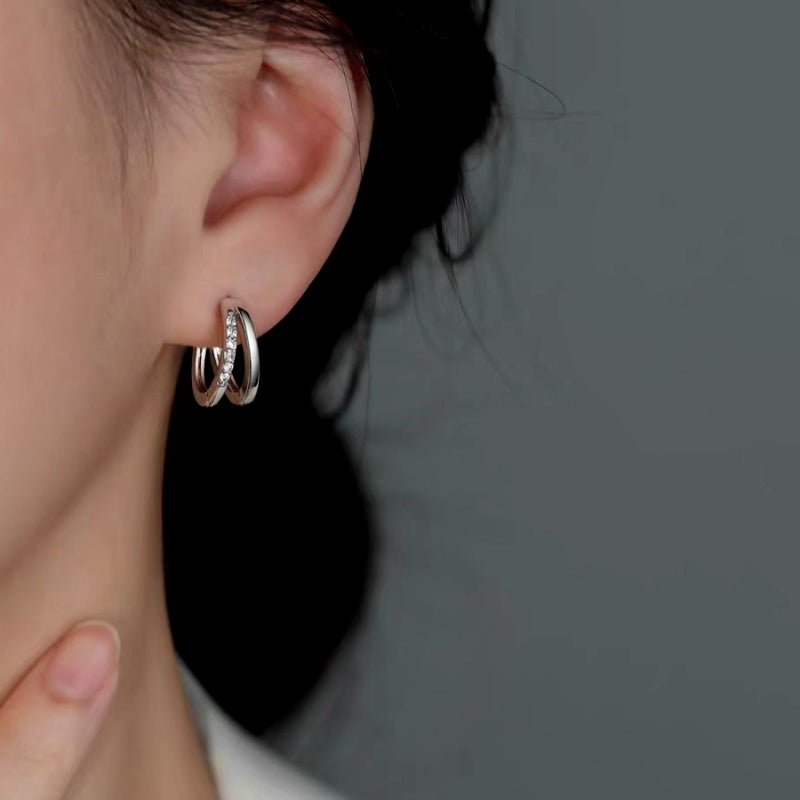 Sterling Silver Zircon Diamond Double-Layer Hoop Earrings