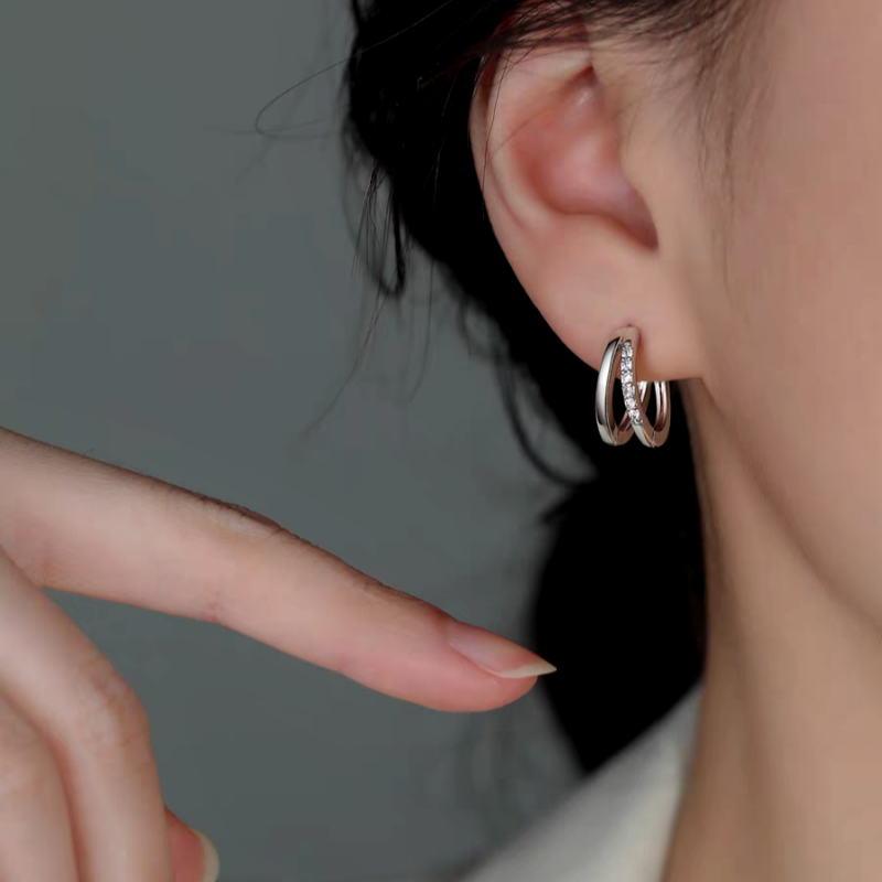 Sterling Silver Zircon Diamond Double-Layer Hoop Earrings