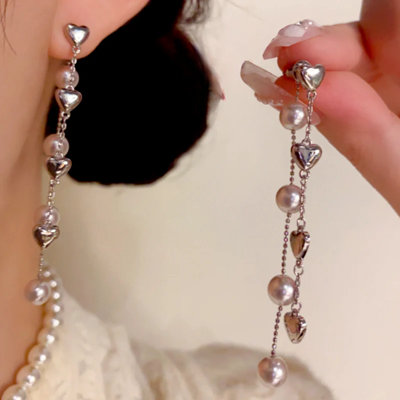 14K Gold-Plated Elegant Heart Pearl Tassel Earrings