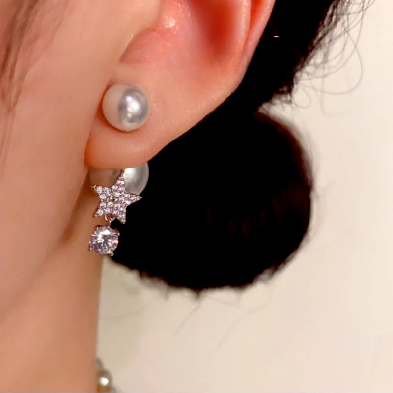 14K Gold-Plated Elegant Zircon Diamond Star Pearl Jacket Earrings