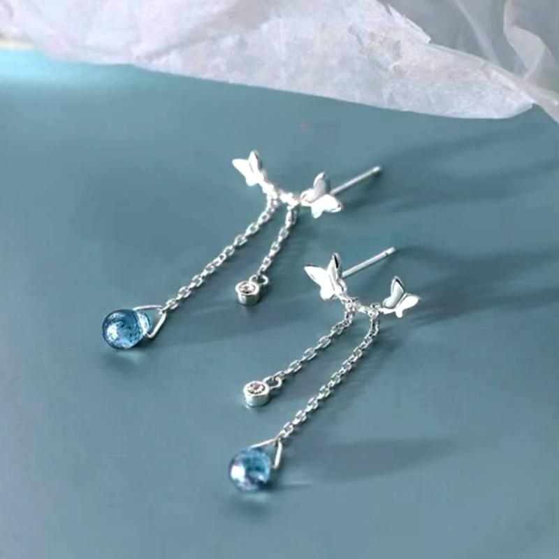 Sterling Silver Butterfly Zircon Diamond Water Drop Tassel Earrings