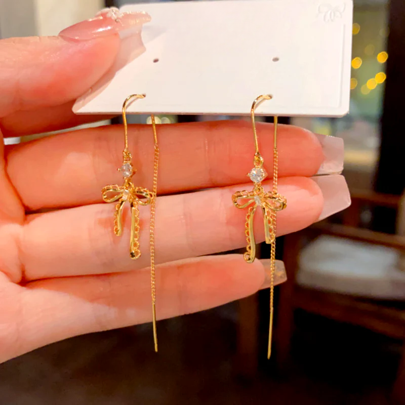 14K Gold-Plated Elegant Zircon Diamond Bow Threader Earrings