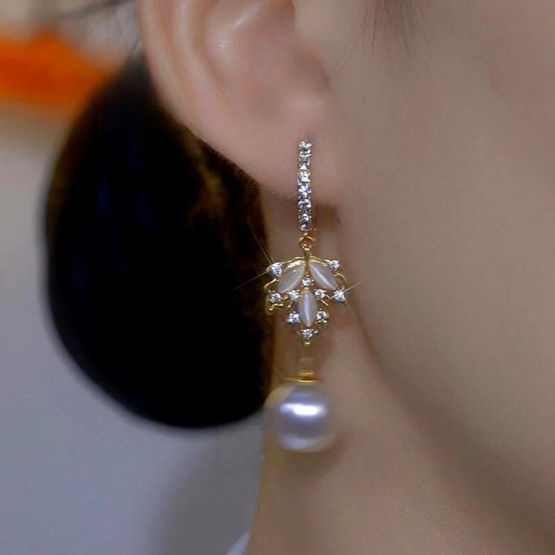 14K Gold-Plated Luxury Design Zircon Diamond Cat's Eye Stone Pearl Earrings