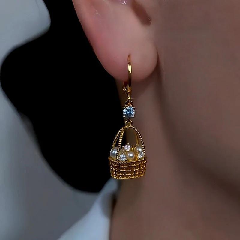 14K Gold-Plated Luxury Design Zircon Diamond Pearl Basket Earrings
