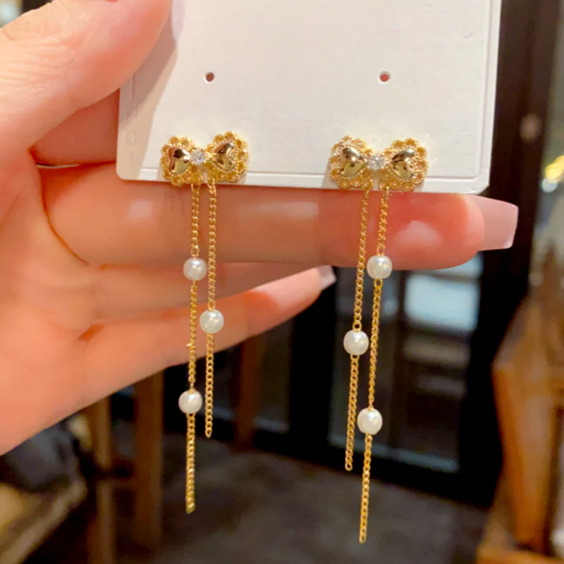 14K Gold-Plated Zircon Diamond Bow Bead Tassel Earrings