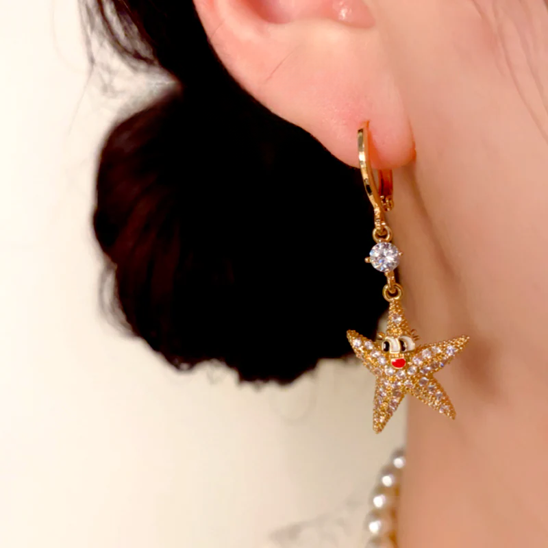 14K Gold-Plated Zircon Diamond Cute Starfish Earrings
