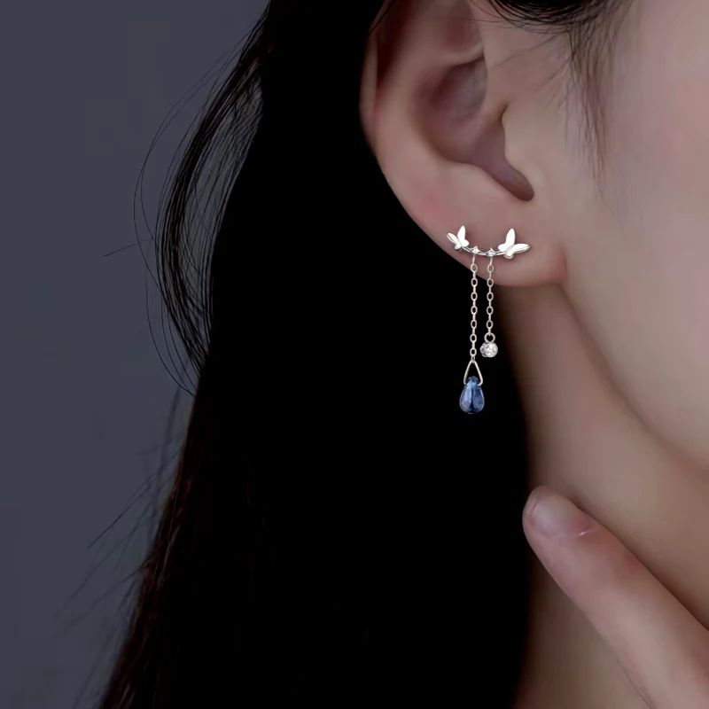 Sterling Silver Butterfly Zircon Diamond Water Drop Tassel Earrings