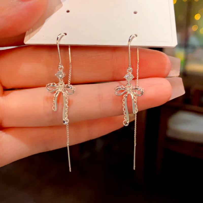 14K Gold-Plated Elegant Zircon Diamond Bow Threader Earrings