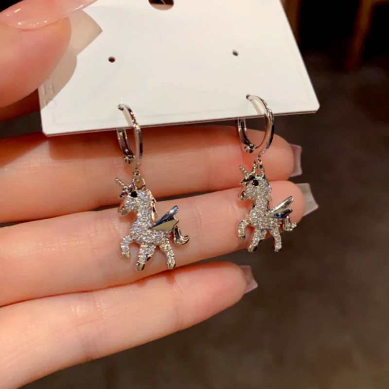 14K Gold-Plated Zircon Diamond Unicorn Earrings
