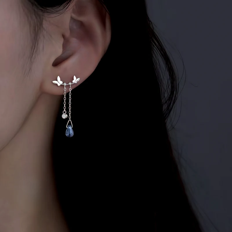 Sterling Silver Butterfly Zircon Diamond Water Drop Tassel Earrings