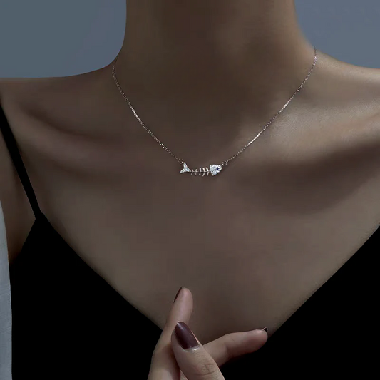 Sterling Silver Zircon Diamond Fish Bone Necklace
