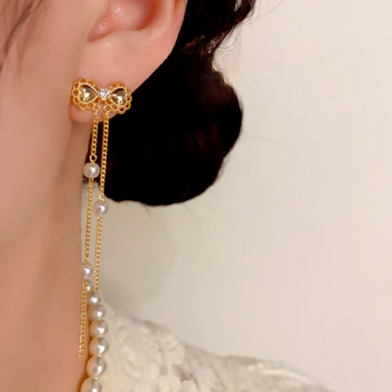 14K Gold-Plated Zircon Diamond Bow Bead Tassel Earrings