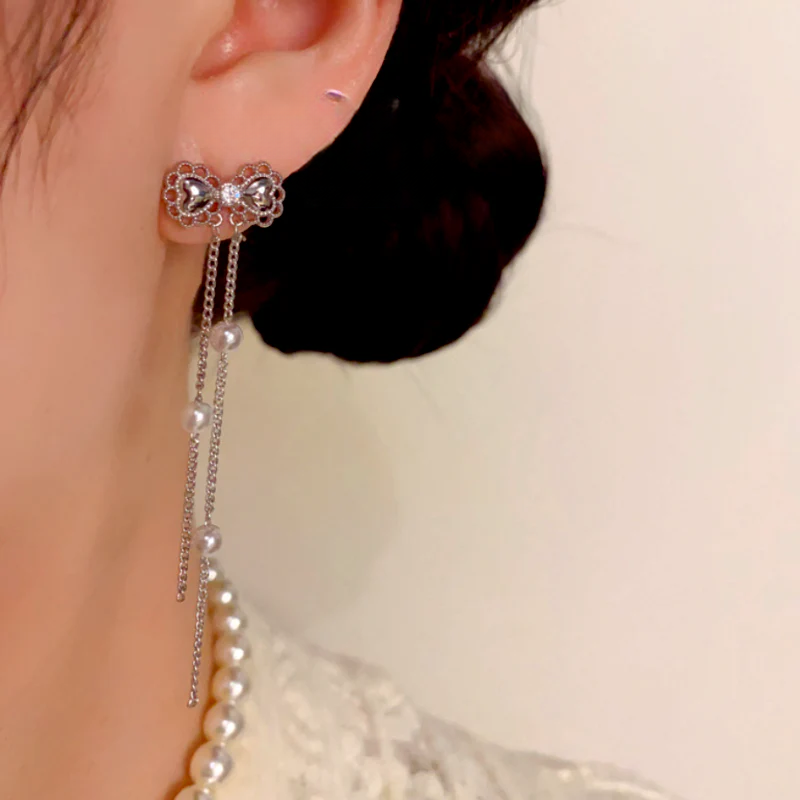 14K Gold-Plated Zircon Diamond Bow Bead Tassel Earrings