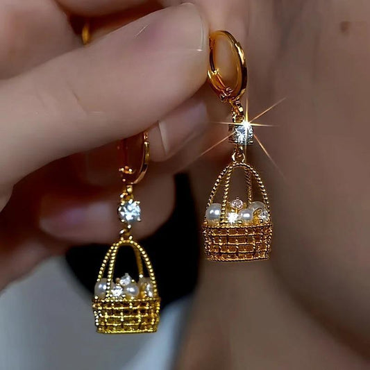 14K Gold-Plated Luxury Design Zircon Diamond Pearl Basket Earrings
