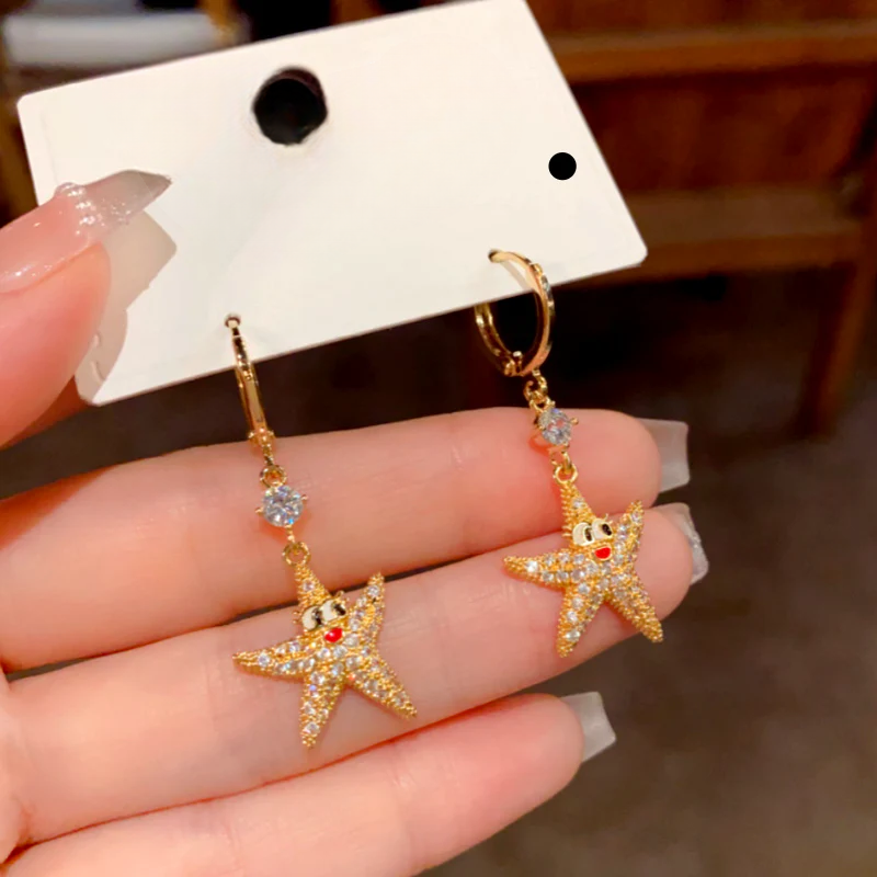 14K Gold-Plated Zircon Diamond Cute Starfish Earrings